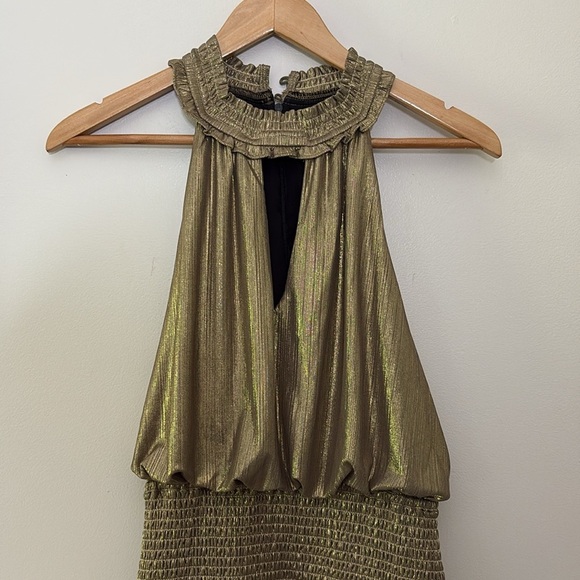 AQUA Metallic Lamé Mini Dress Sleeveless Smocked Ruffle Size Small - Picture 3 of 14